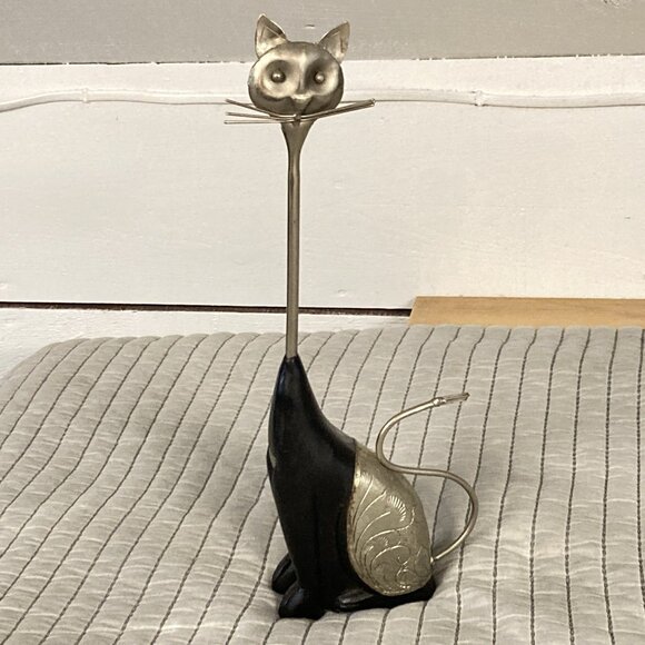 Cat figurine Sculpture Mixed Media Embossed Metal Wood Shelf Decor Whimsical - Picture 8 of 8